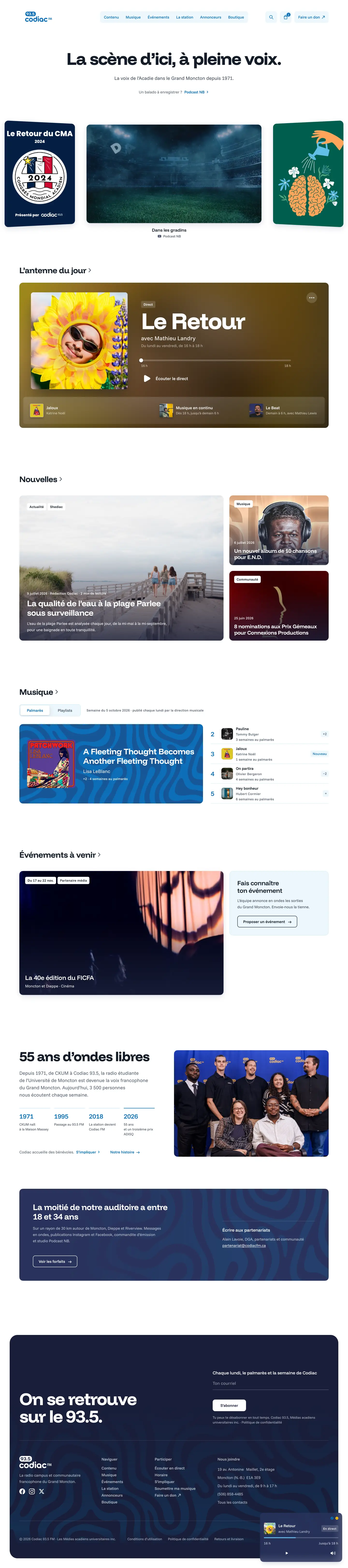 Page d’accueil du nouveau site de Codiac 93.5 FM