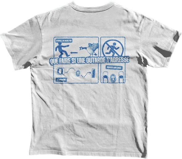 T-shirt blanc, dos : la fiche de survie de l’outarde.